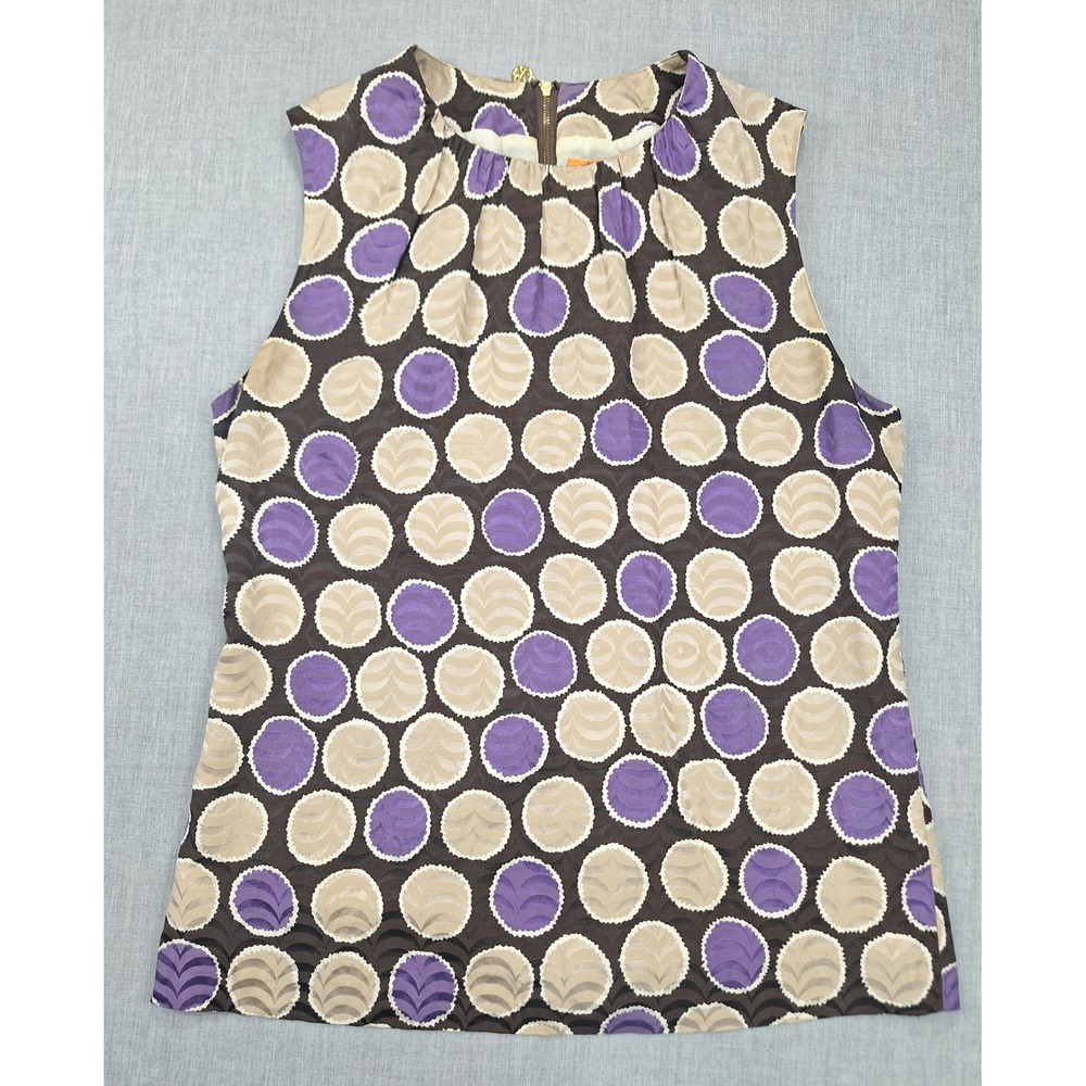 Tory Burch Silk Blend Sleeveless Blouse Purple Brown Geometric Circle Print 10
